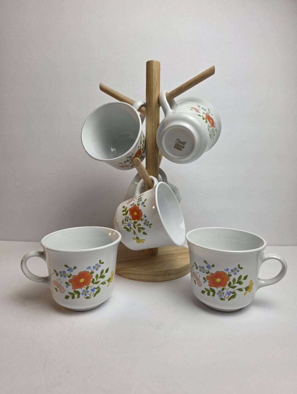 Vintage Corelle Wildflower Pattern Set of 6 Tea Cups / Coffee Mugs 1970's w/Tree